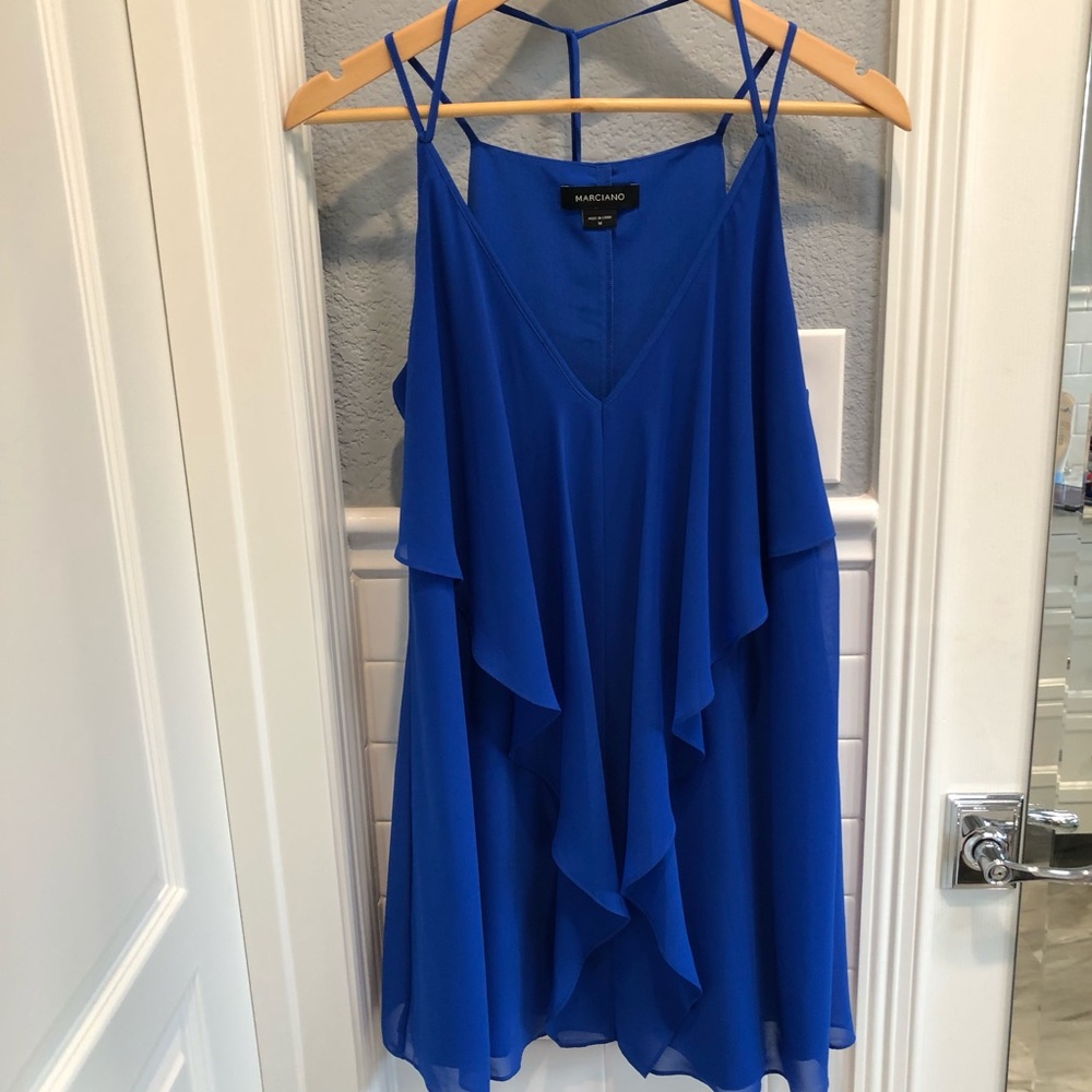 Marciano royal blue flowy tie-neck dress